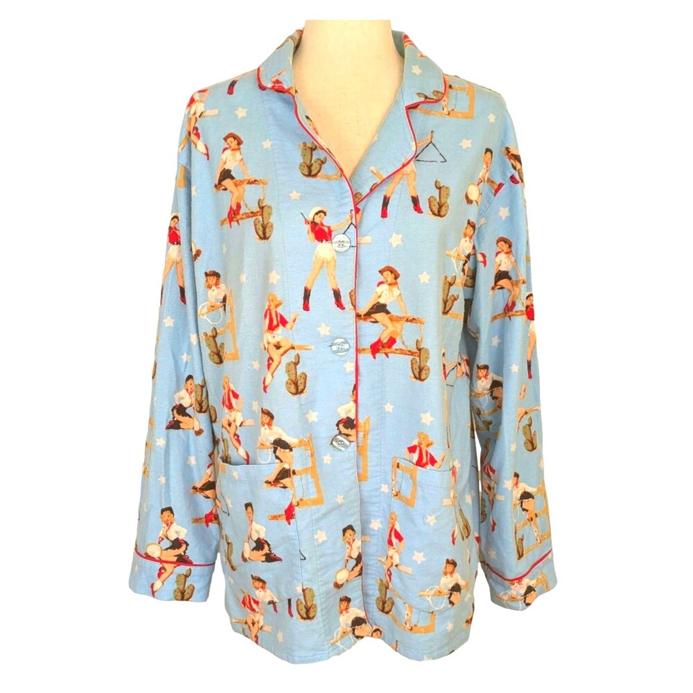 PJ Salvage Women's MED Blue Flannel Cowgirl Western Pajama Top